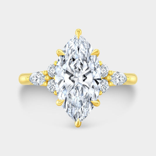 Marquise Diamond Claudia 7 Stone Cluster Hidden Halo Yellow Gold Engagement Ring