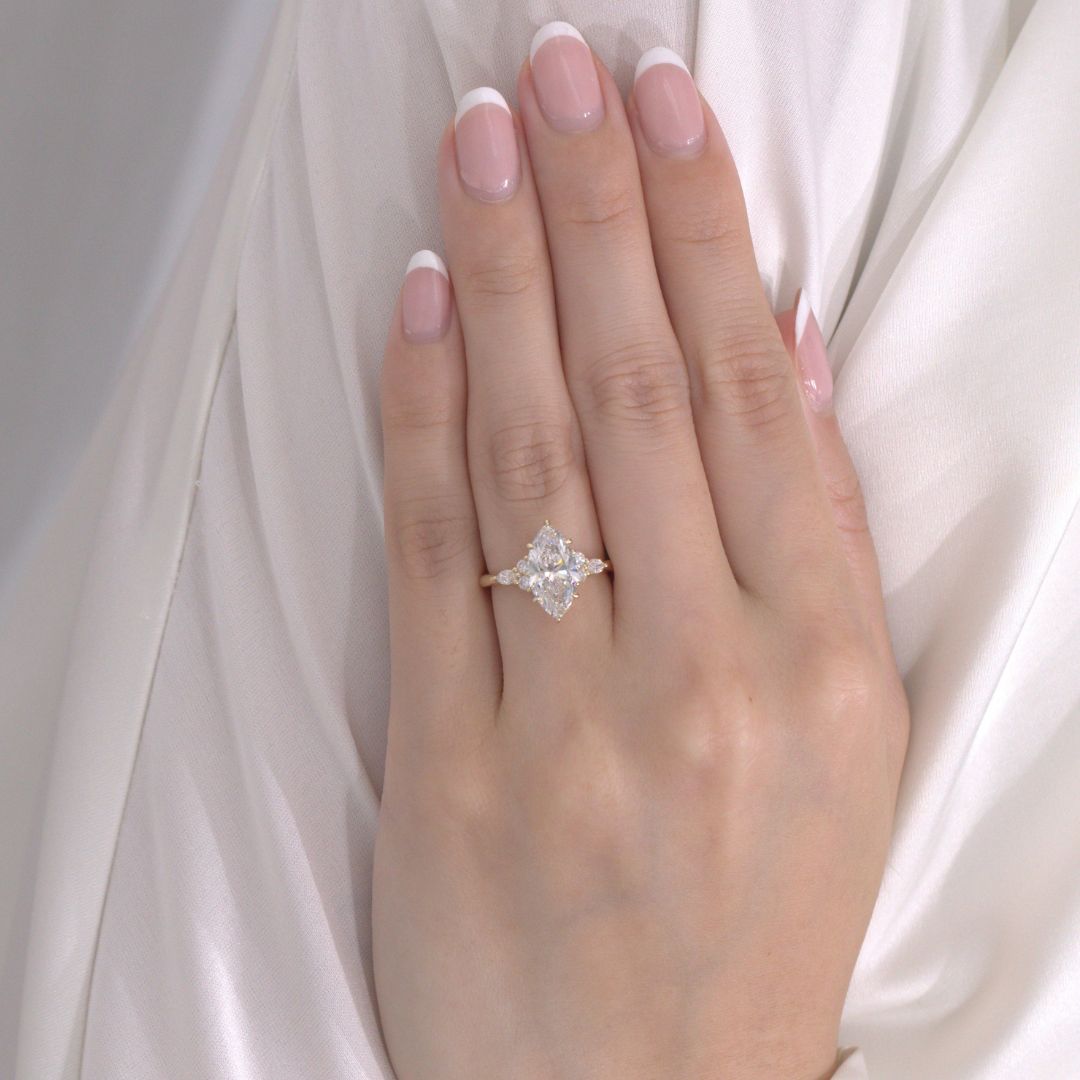 Marquise Diamond Claudia 7 Stone Cluster Hidden Halo Yellow Gold Engagement Ring