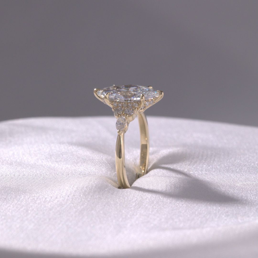 Marquise Diamond Claudia 7 Stone Cluster Hidden Halo Yellow Gold Engagement Ring
