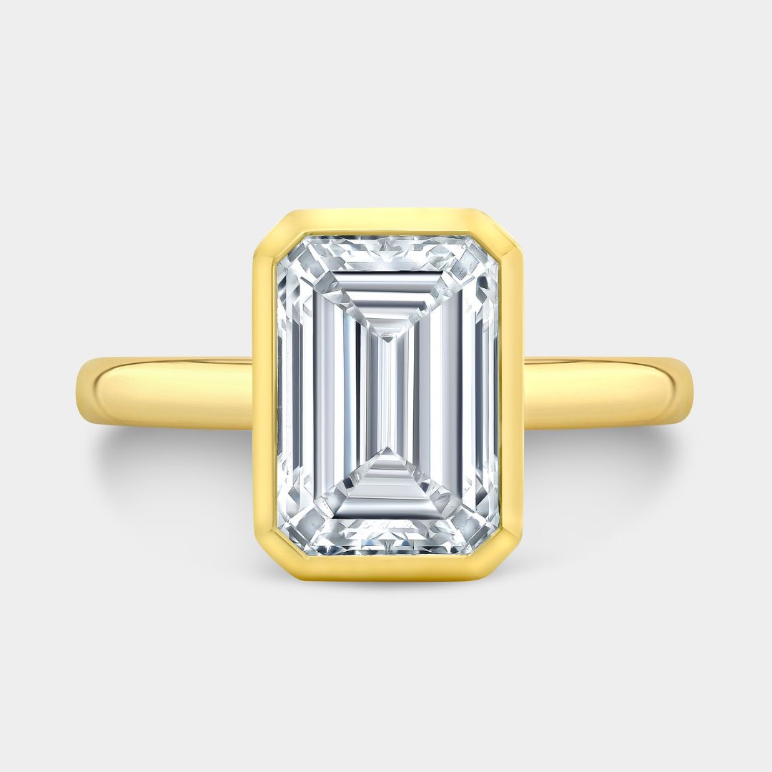 Emerald Diamond Mira Bezel Solitaire Cathedral Yellow Gold Engagement Ring