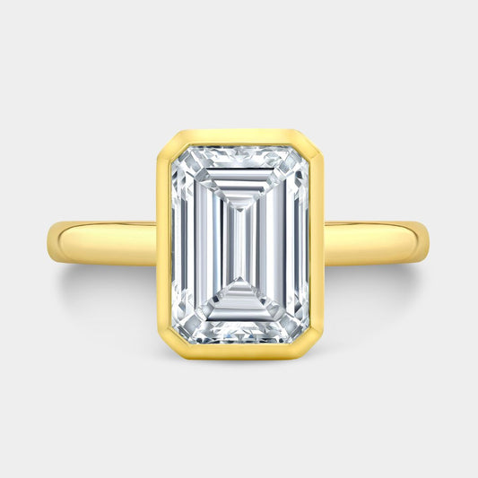 Emerald Diamond Mira Bezel Solitaire Cathedral Yellow Gold Engagement Ring