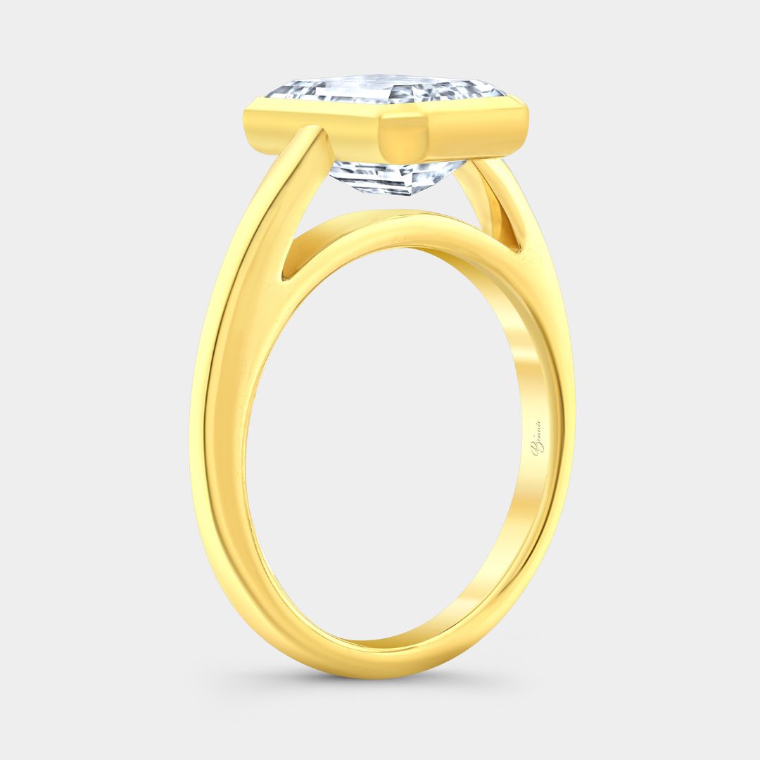 Emerald Diamond Mira Bezel Solitaire Cathedral Yellow Gold Engagement Ring