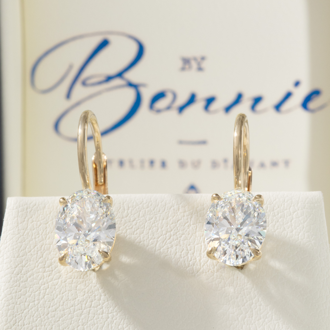 3ct Lab Grown Oval Diamond French Clip Dangle Yellow Gold Drop Earrings