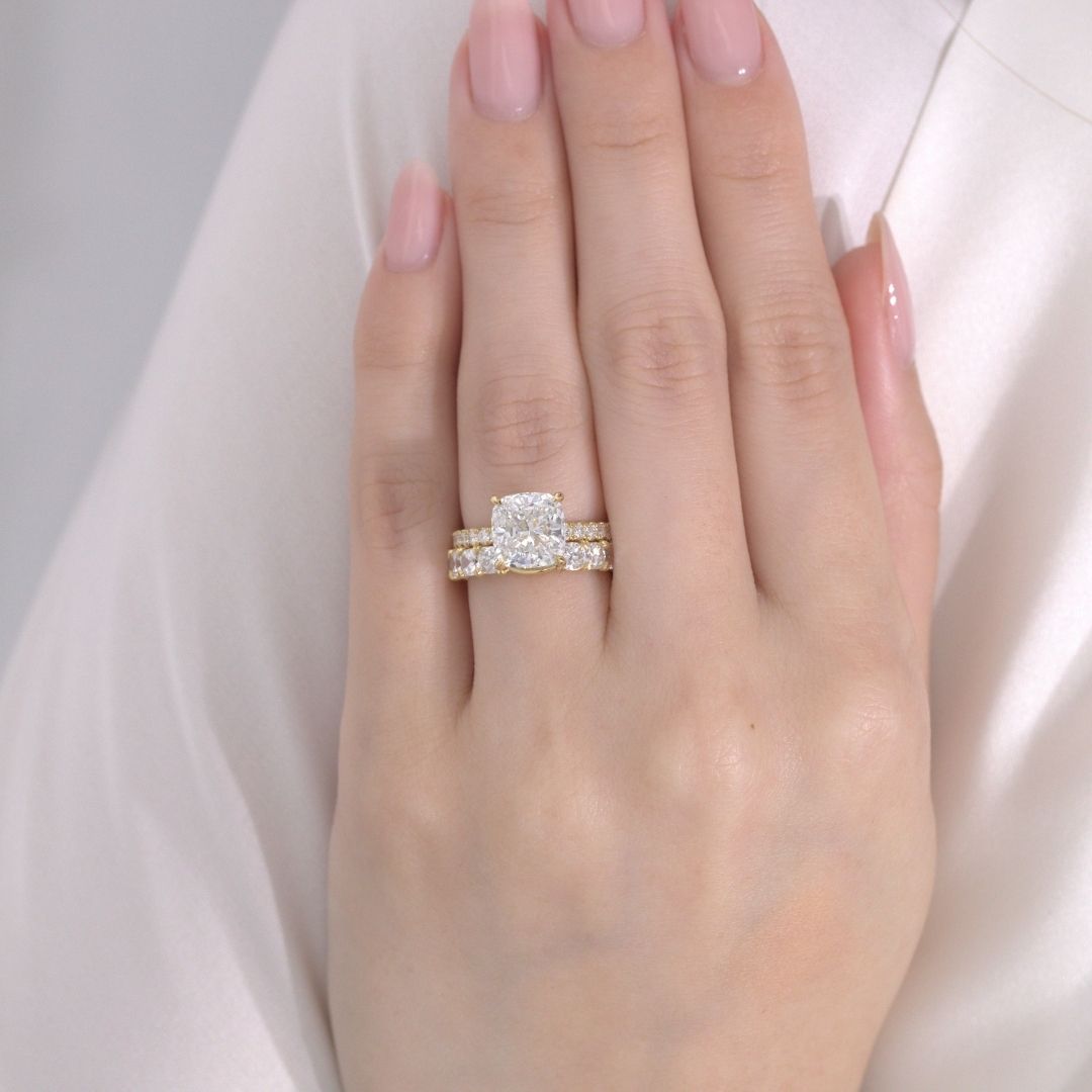 Cushion Diamond Double Hidden Halo U Pave Yellow Gold Engagement Ring