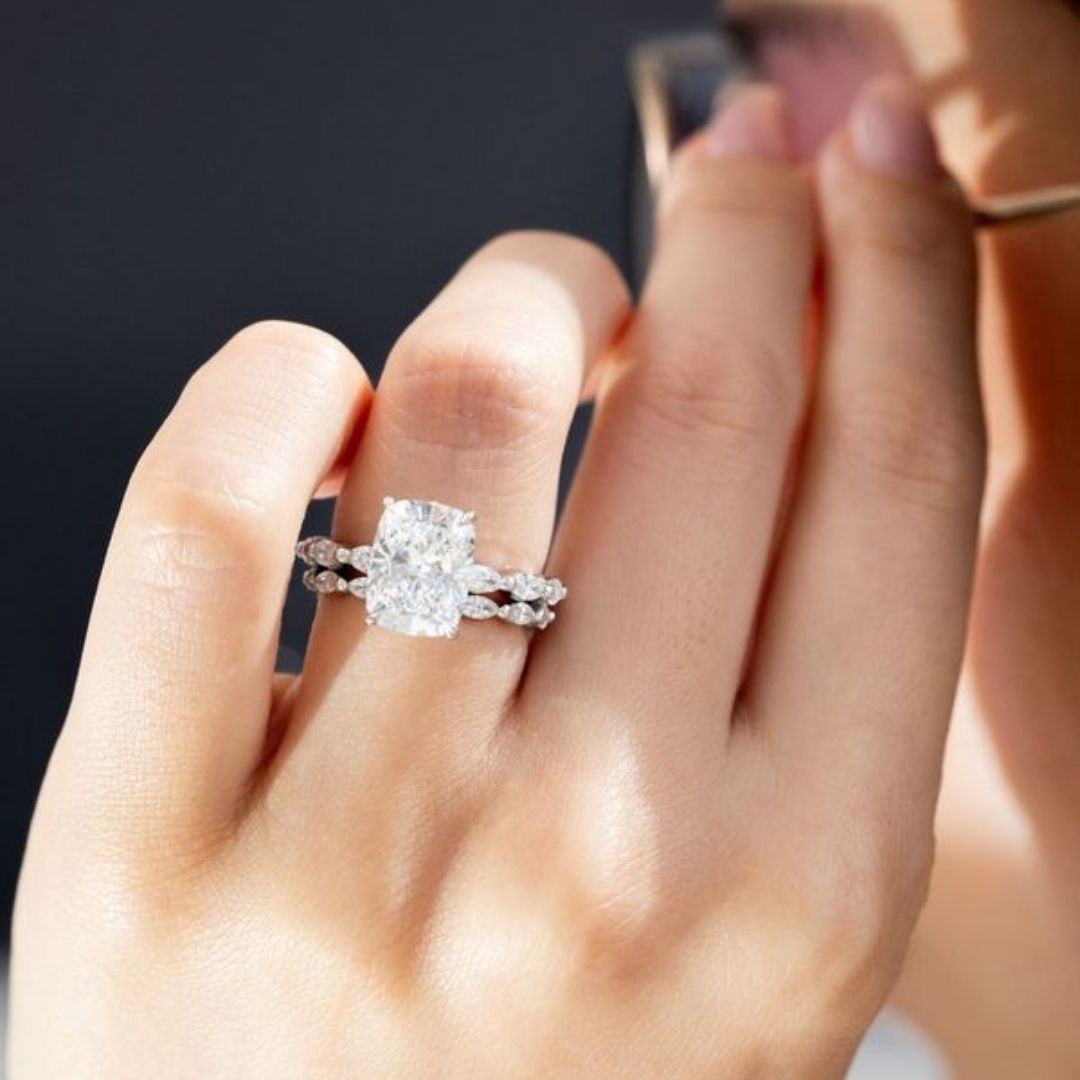Cushion Diamond Hidden Halo Marquise Band Platinum Engagement Ring
