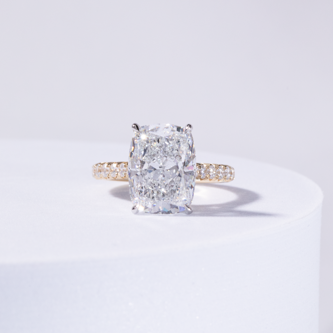 Cushion Diamond Hidden Halo Hidden Purple Amethyst Tapered Cathedral French Pave Yellow Gold And Platinum Engagement Ring