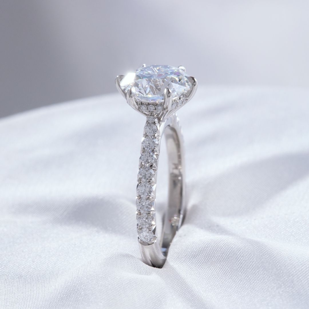 Round Diamond Hidden Halo Tapered Cathedral  6 Prong with French Pave Platinum Engagement Ring