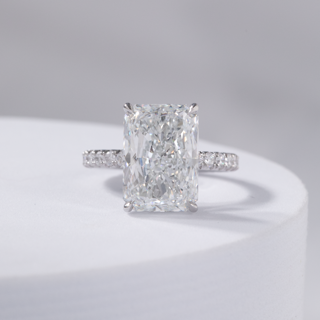 7ct Lab Grown Radiant Diamond Hidden Halo French Pavé Platinum Engagement Ring