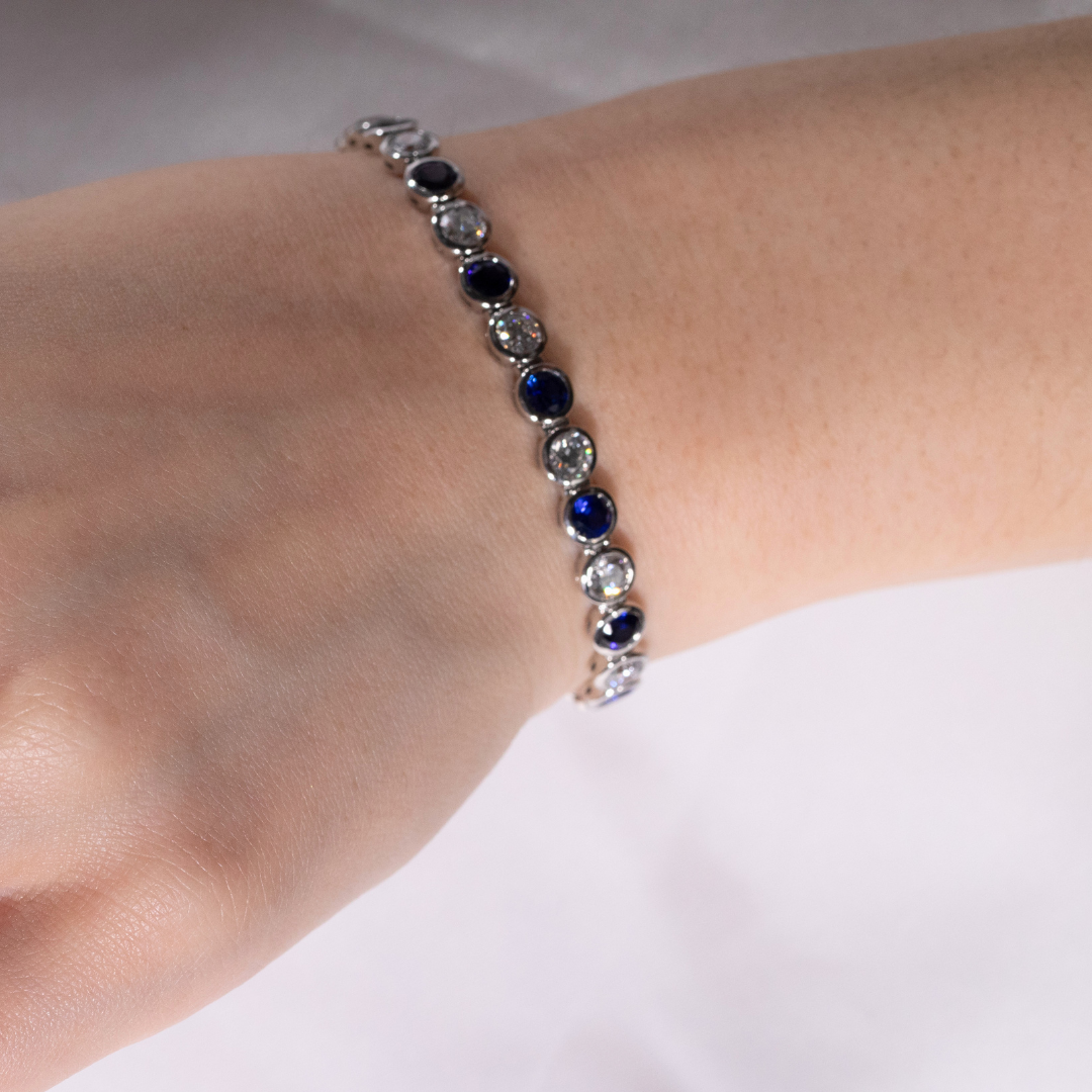 Natural Round Blue Sapphire & Diamond Bezel White Gold Tennis Bracelet