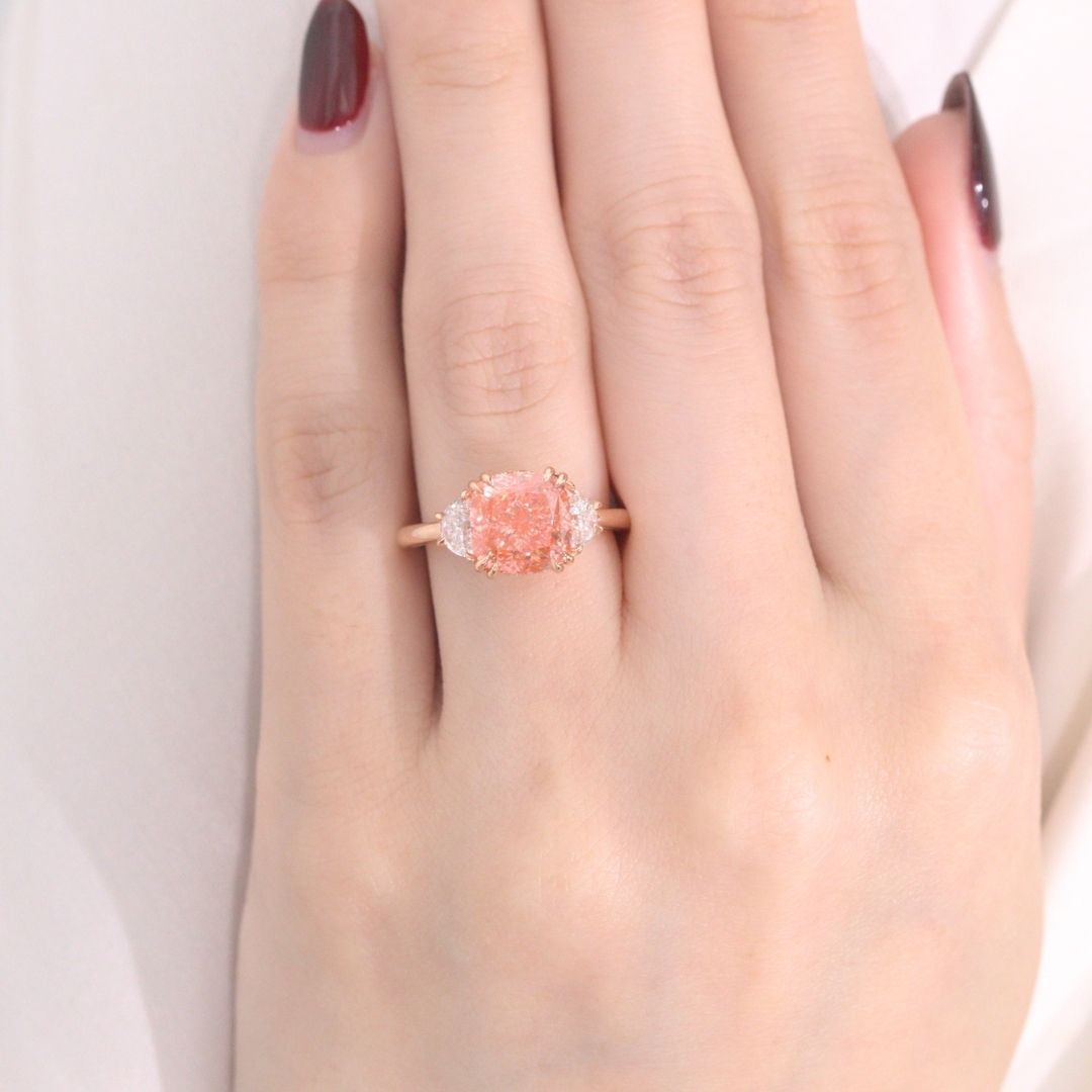 3.50ct Fancy Pink Cushion Diamond Hidden Halo with Half Moon Side Stones Rose Gold Engagement Ring