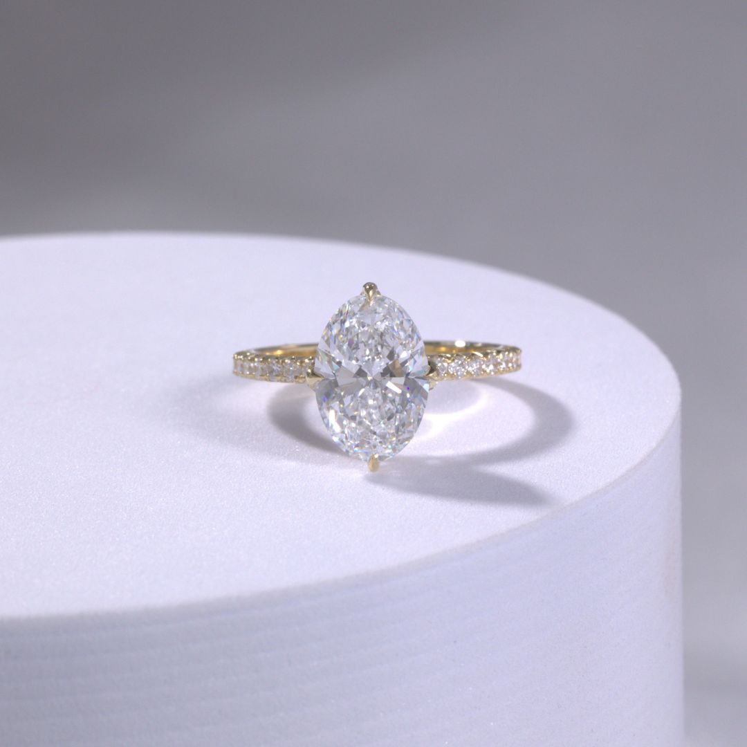 Oval Diamond Full Diamond Tulip Basket French Pave Yellow Gold Engagement Ring