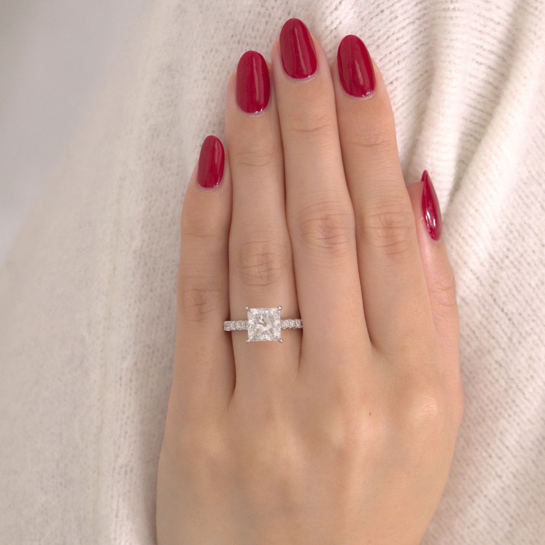2.82ct Lab Grown Princess Diamond Hidden Halo Tapered Cathedral French Pavé Platinum Engagement Ring