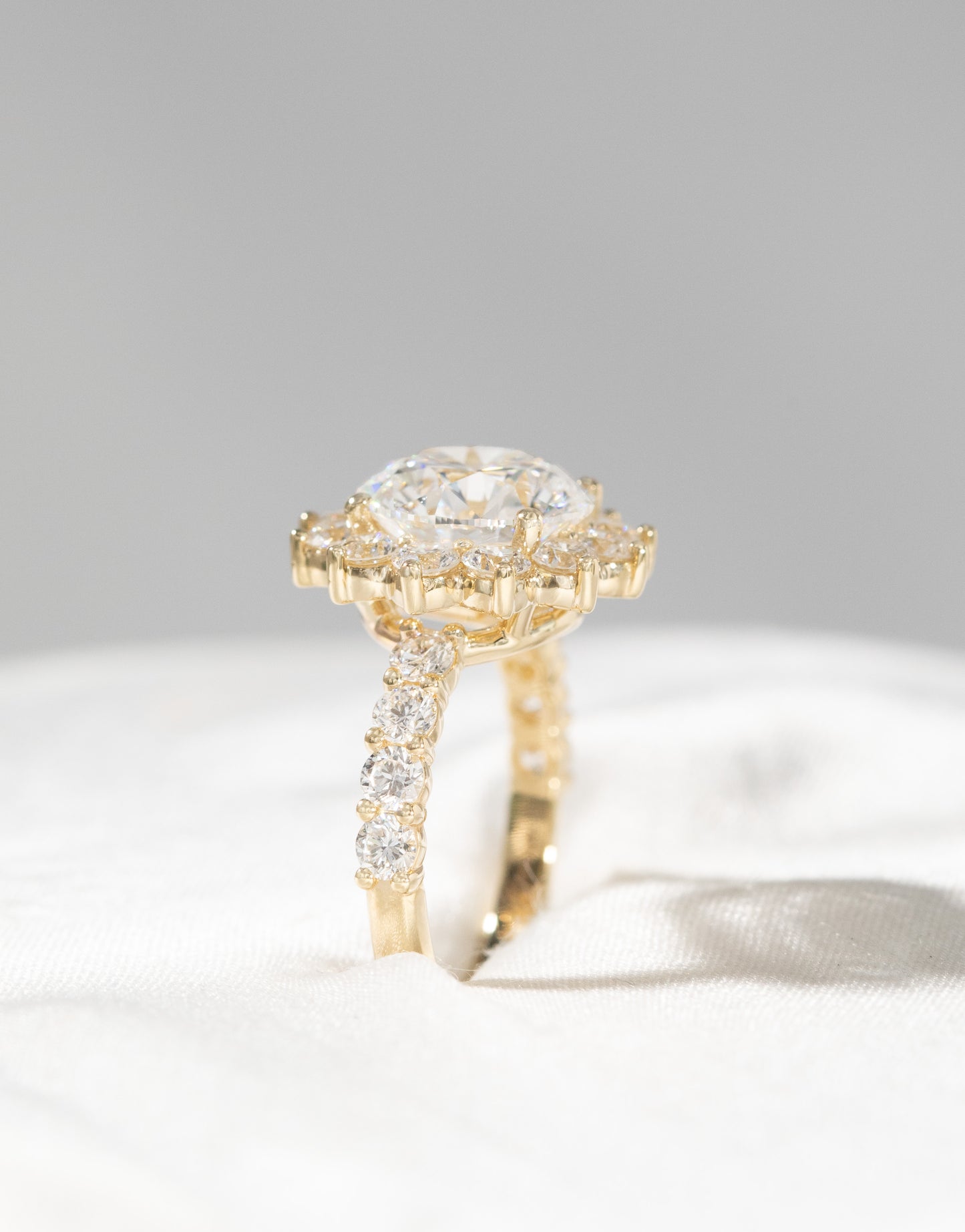 Round Diamond La Fleur Halo Shared Prong Band Yellow Gold Engagement Ring