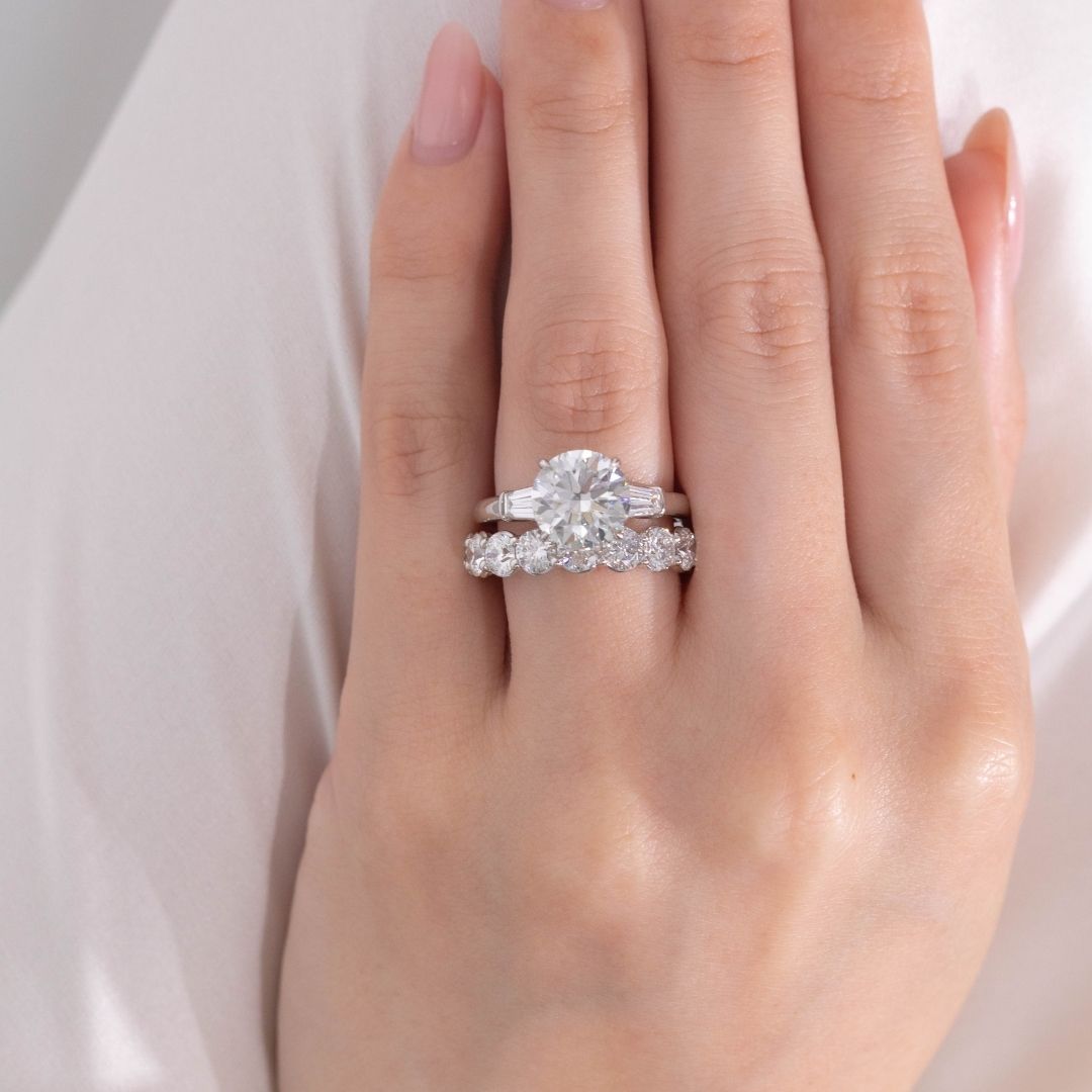 Round Diamond 3 Stone Ring with Tapered Baguette Side Stones Platinum Engagement Ring