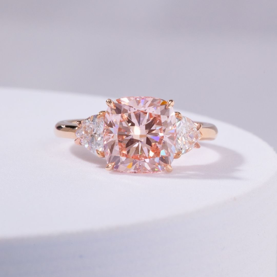 4ct Lab Grown Pink Cushion Cut Diamond 3 Stone Engagement Ring with Trillions