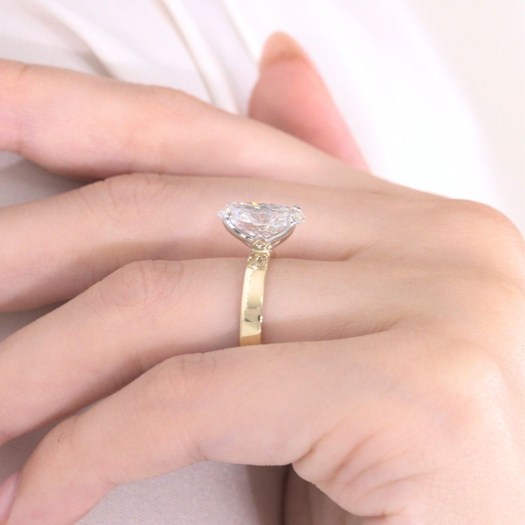 Oval Diamond Tulip Pipe Cut Band Solitaire Yellow Gold and Platinum Engagement Ring