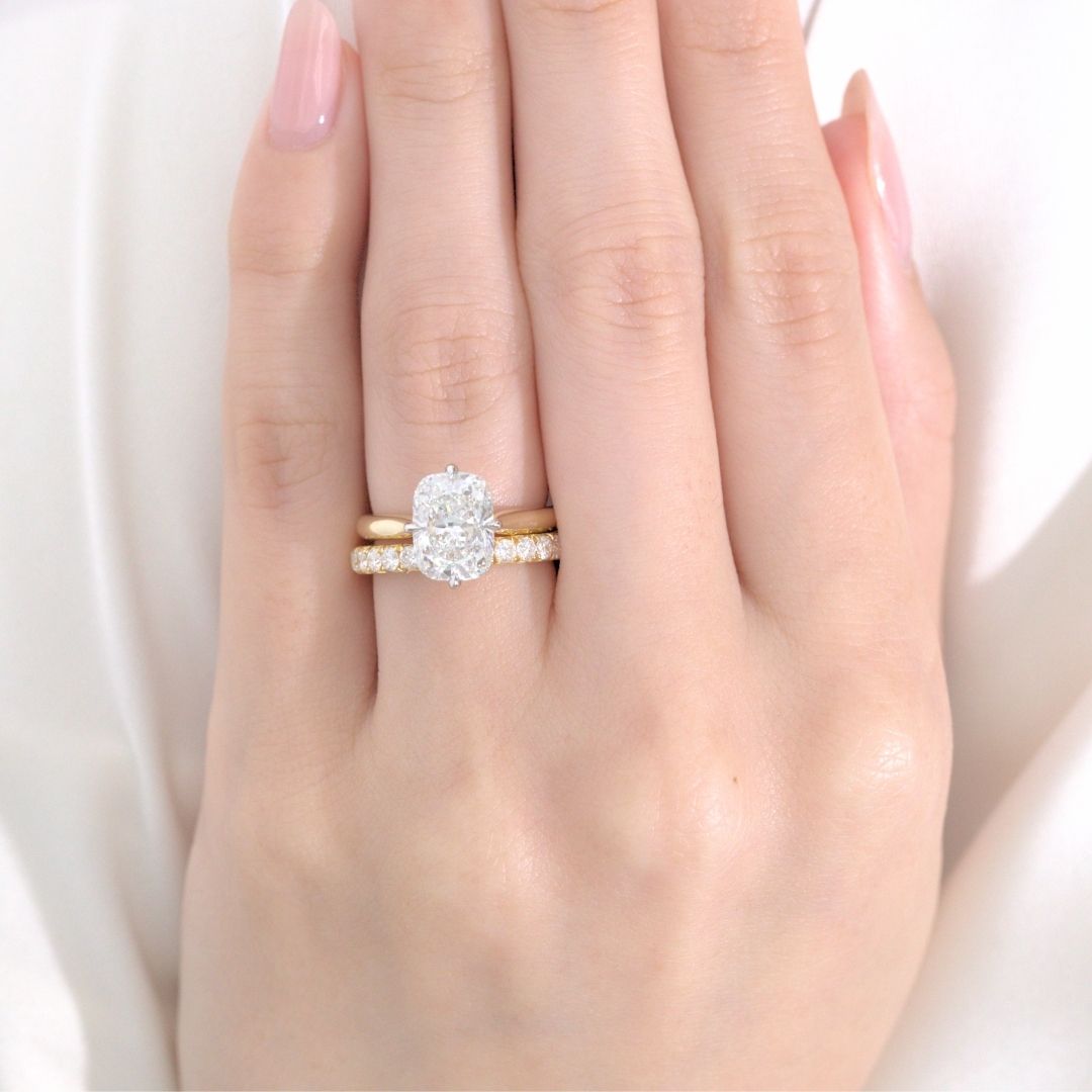 Cushion Diamond North South Prong Hidden Halo Tapered Cathedral Solitaire with Pave Diamond Bridge Yellow Gold And Platinum Engagement Ring