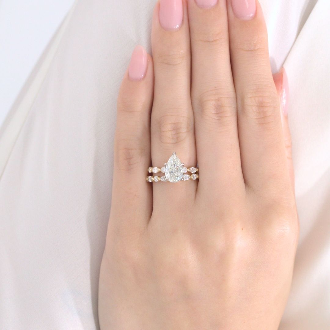 Pear Diamond Tulip French Pave Tulip Basket Petite Round & Marquise Diamond Band Engagement Ring