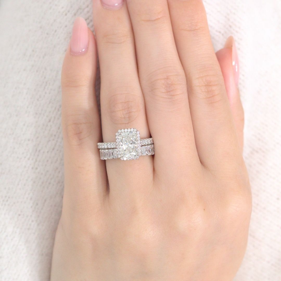 Radiant Diamond Seamless Halo Cathedral U Pave French Pave Platinum Engagement Ring
