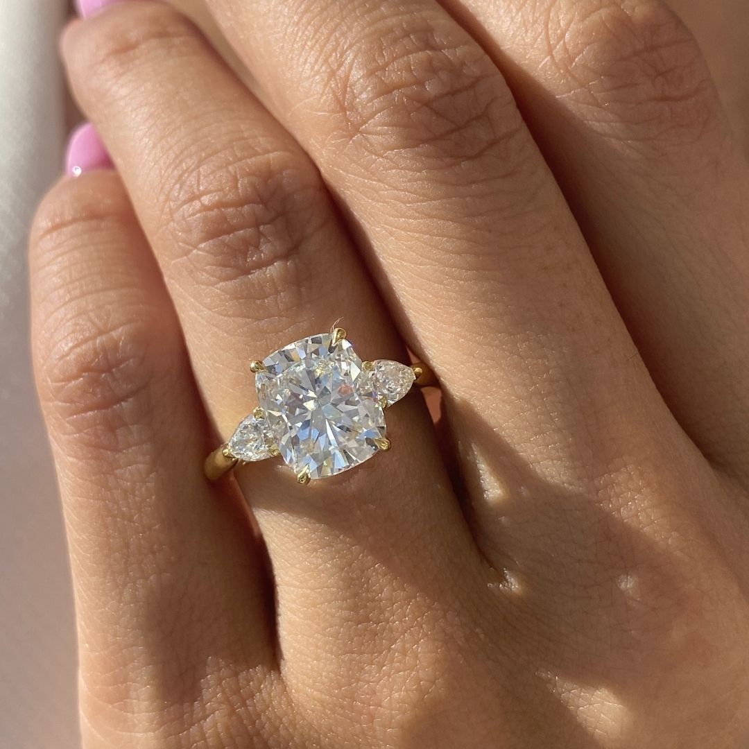 4ct Cushion Cut Diamond 3 Stone Ring with Pears and Hidden Halo Yellow Gold Engagement Ring