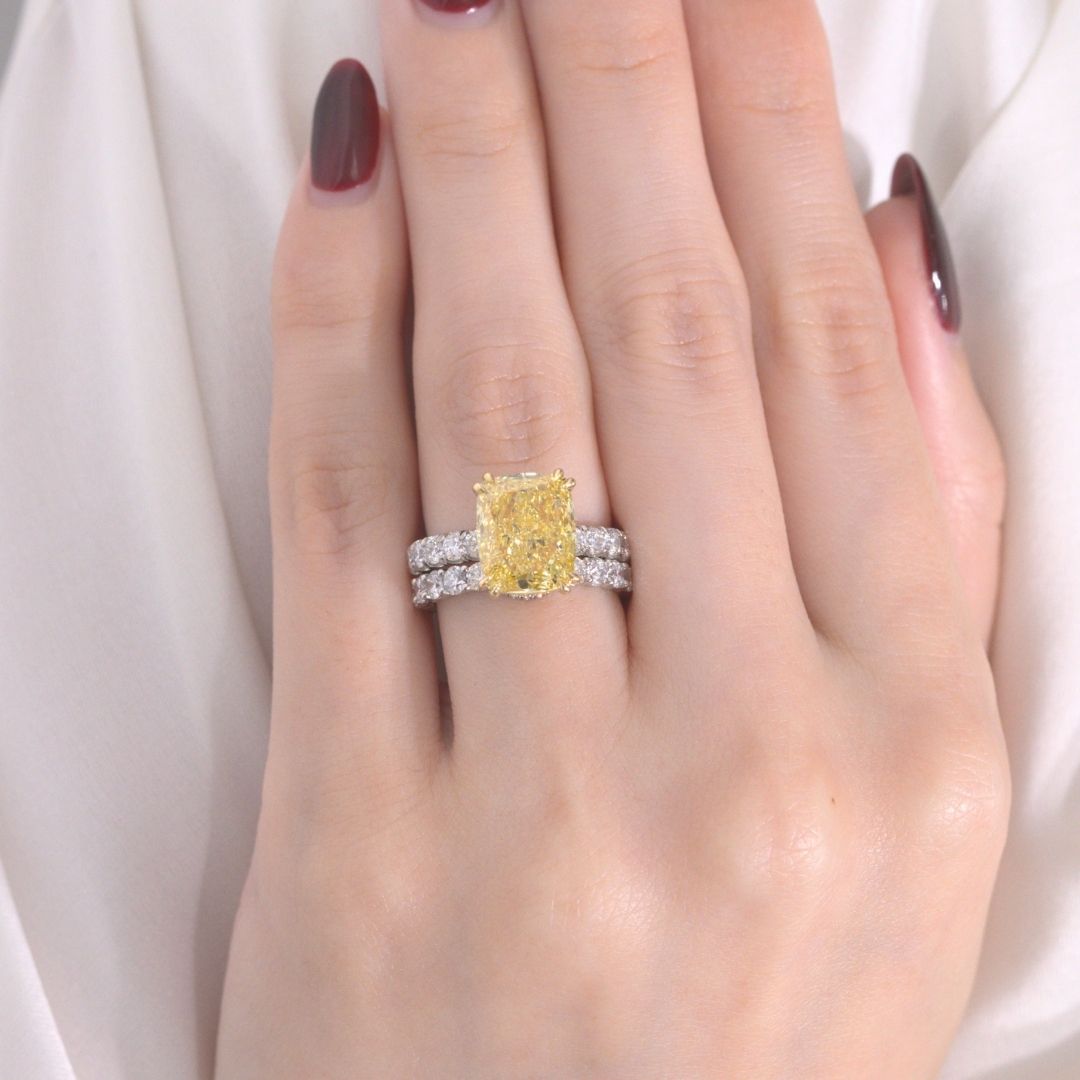 4.50ct Fancy Yellow Cushion Diamond Hidden Halo Double Prong 3/4 Way U Pave Yellow Gold and Platinum Engagement Ring