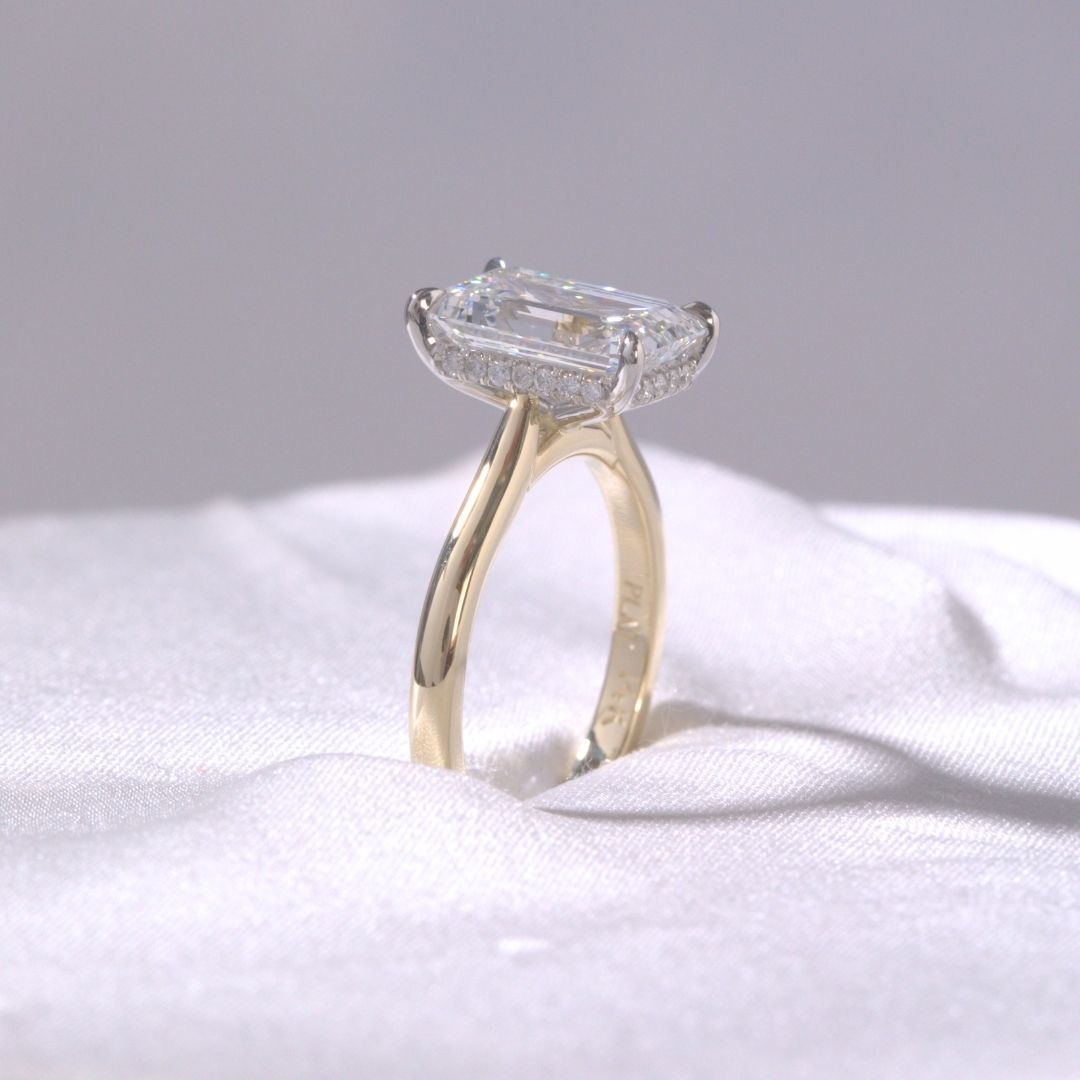 Emerald Diamond Hidden Halo Cathedral Solitaire Yellow Gold and Platinum Engagement Ring