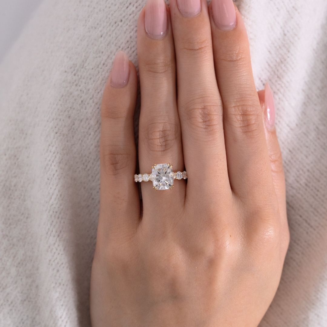 Cushion Diamond Double Prong Hidden Halo Eloise Trellis Yellow Gold Engagement Ring