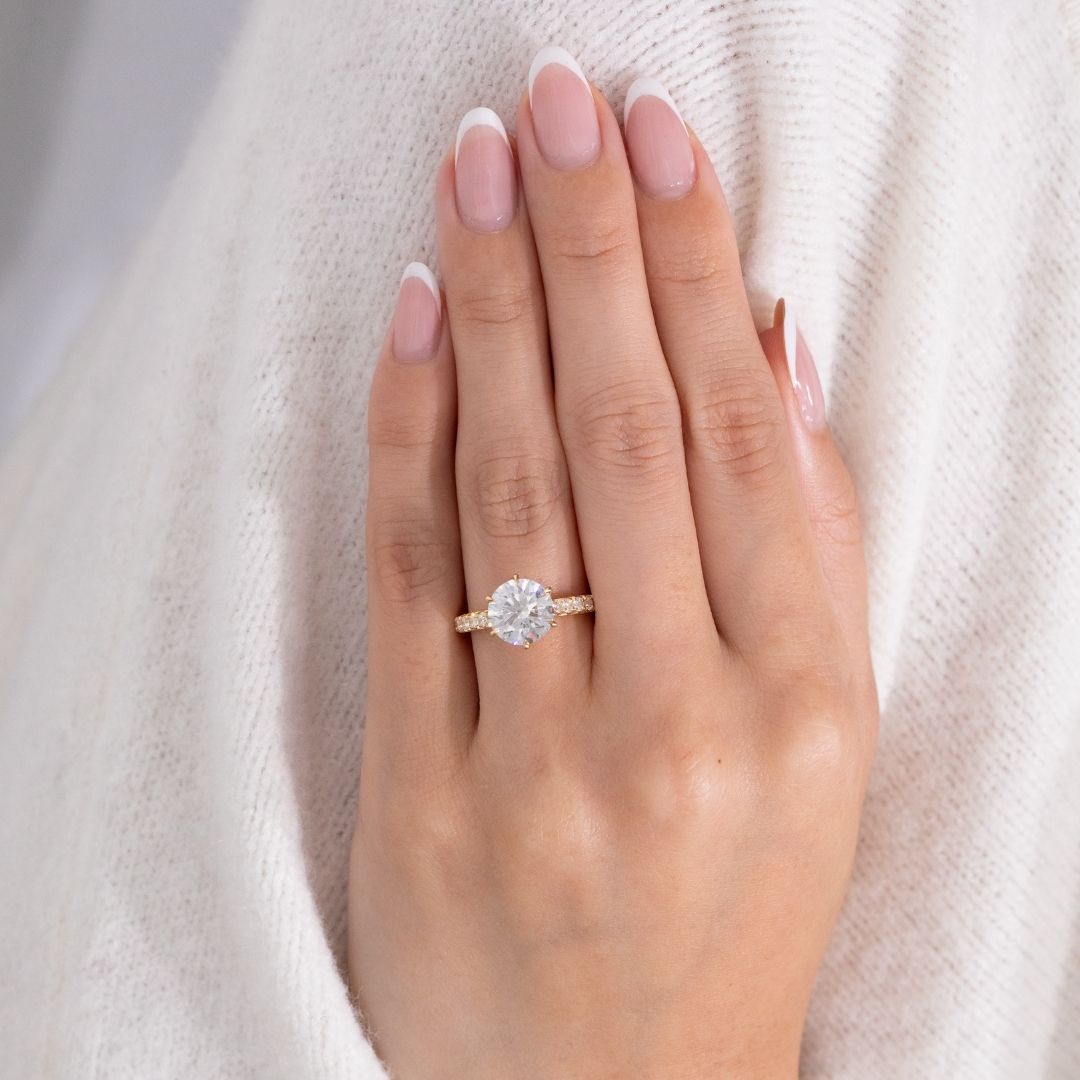 Round Diamond 6 Prong Tulip Basket Tapered Cathedral 3/4 Way French Pave Yellow Gold Engagement Ring