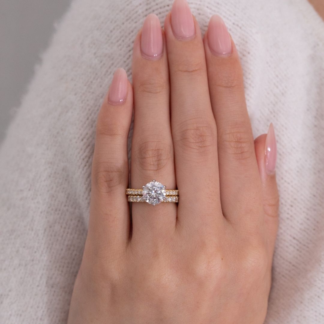 Round Diamond 6 Prong Low Tapered Cathedral French Pave Yellow Gold And Platinum Engagement Ring