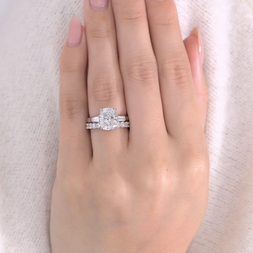 Cushion Diamond 3 Stone Ring with Tapered Baguette Side Stones Platinum Engagement Ring