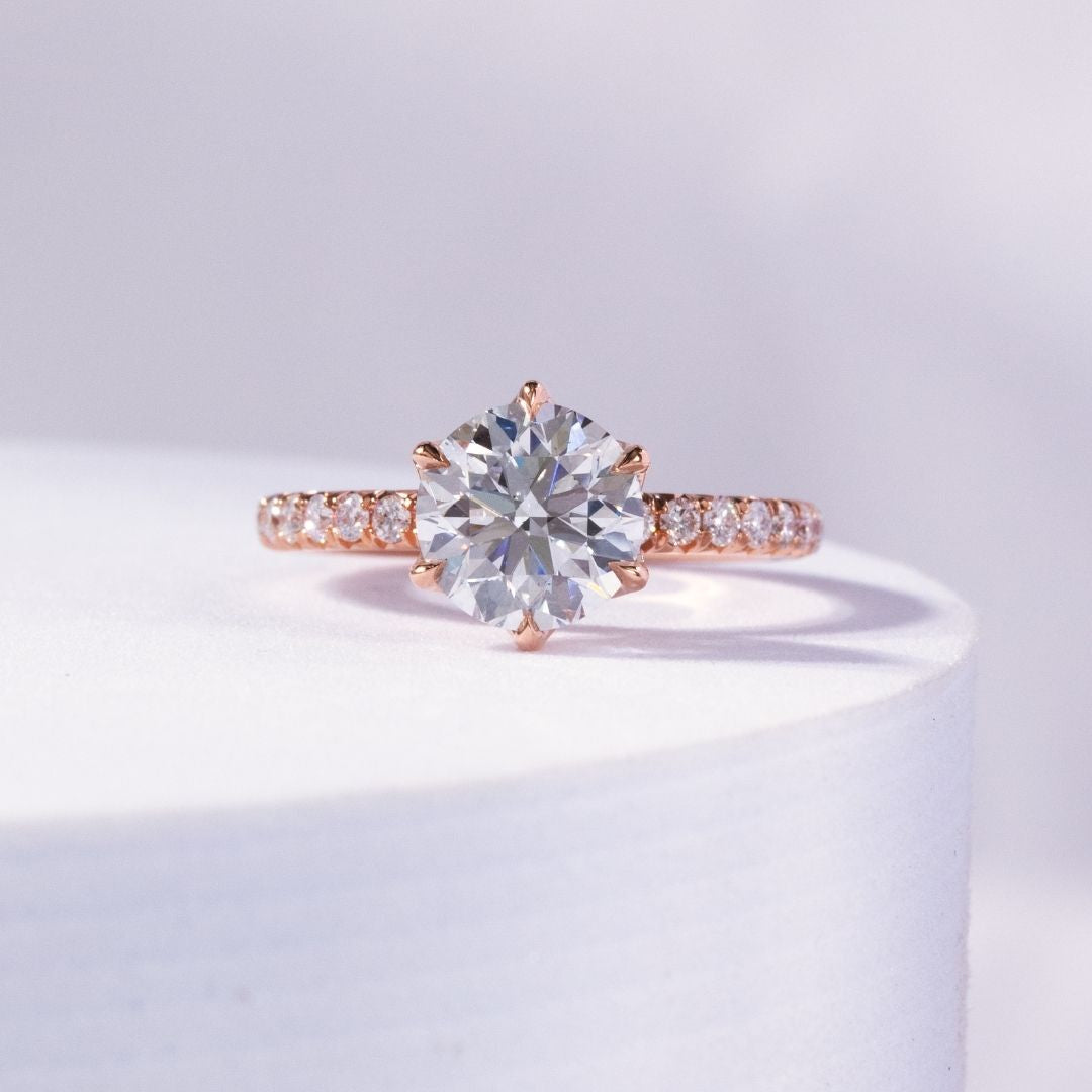 Round Diamond Tulip Basket 6 Prong Tapered Cathedral French Pave Rose Gold Engagement Ring