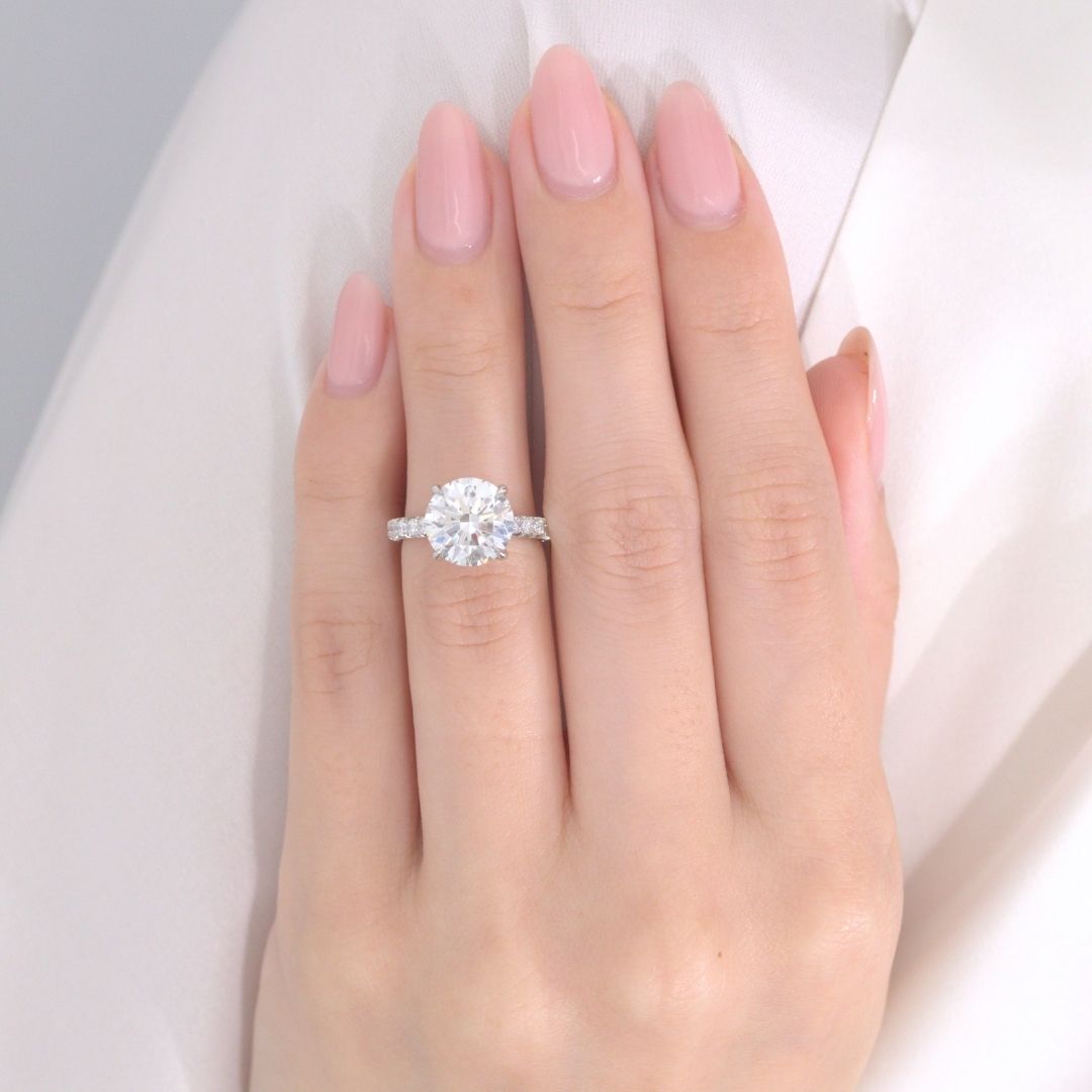 Round Diamond Tulip Basket 4 Prong Tapered Cathedral French Pave Platinum Engagement Ring