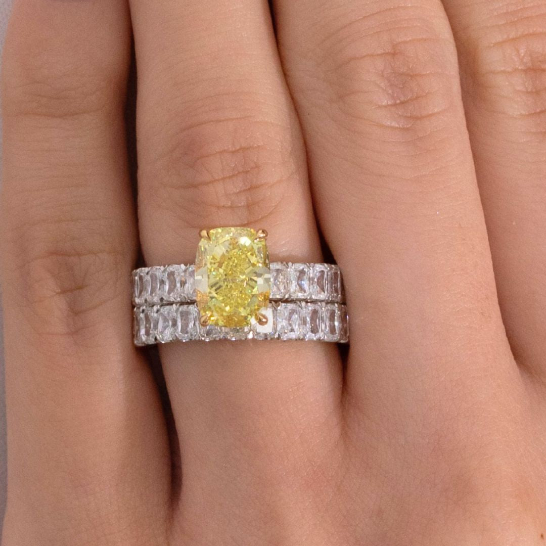3ct Cushion Canary Yellow Diamond with Radiant Cut Diamond Eternity Ring