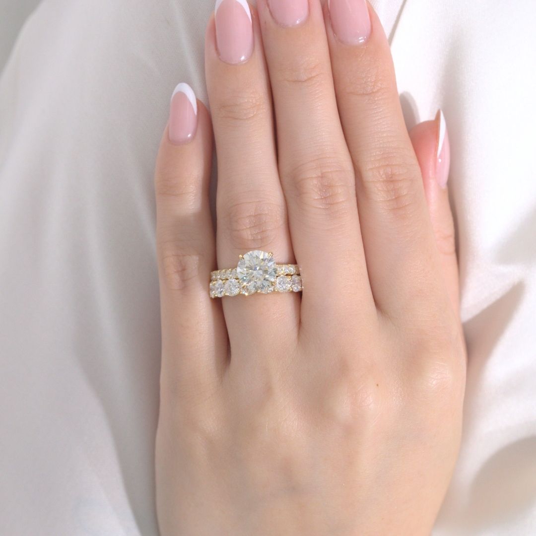 Round Diamond 4 Prong Hidden Halo Cathedral French Pave Yellow Gold Engagement Ring