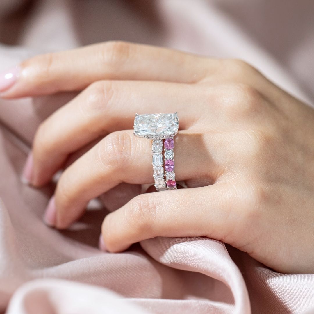 Cushion Diamond Hidden Halo East–West Emerald Cut Diamond Band Platinum Engagement Ring