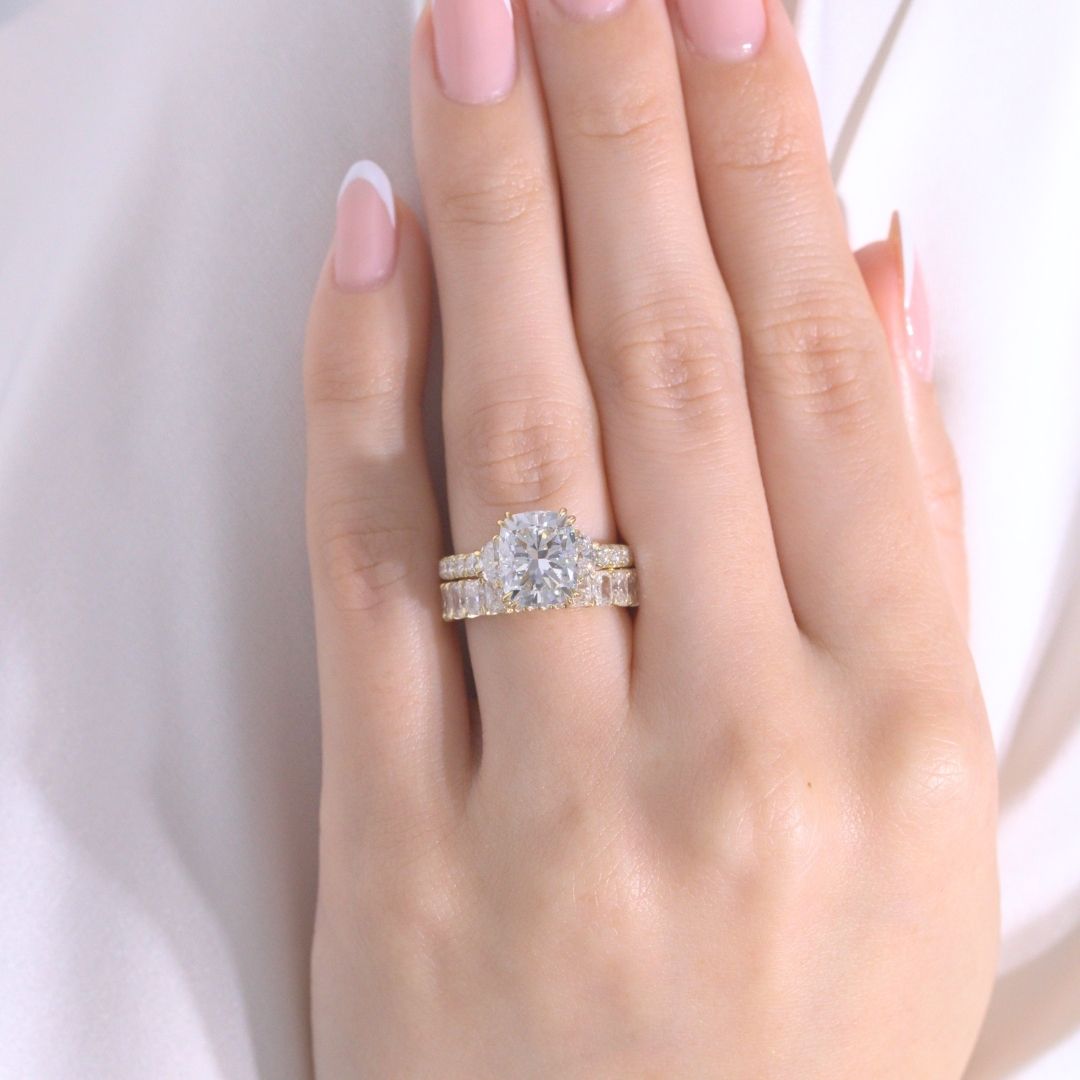 Cushion Diamond Hidden Halo U Pave with Half Moon Side Stones Yellow Gold Engagement Ring