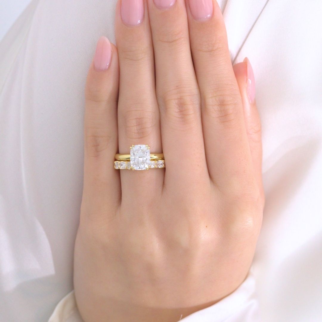 Cushion Diamond Curved Bar Hidden Halo Solitaire Yellow Gold Engagement Ring