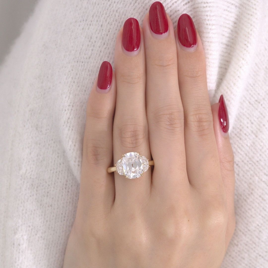 Cushion Diamond Old Mine with Half Moon Side Stones Yellow Gold Engagement Ring
