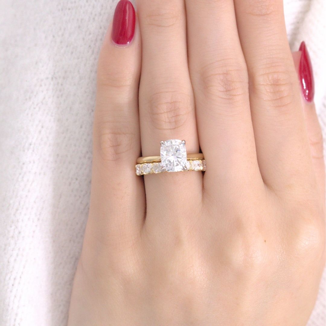 Cushion Diamond Tulip Low Tapered Cathedral Solitaire Yellow Gold And Platinum Engagement Ring