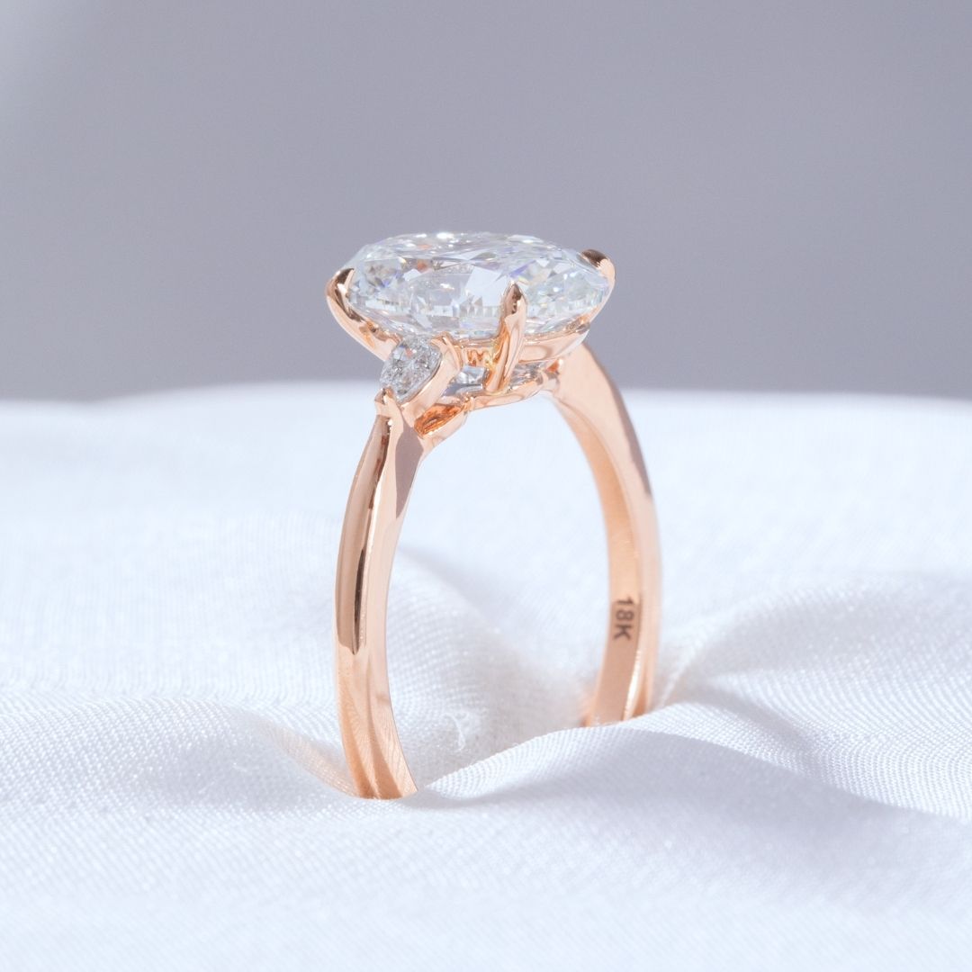 Oval Diamond 3 Stone Pear Shape Side Stones Rose Gold Engagement Ring