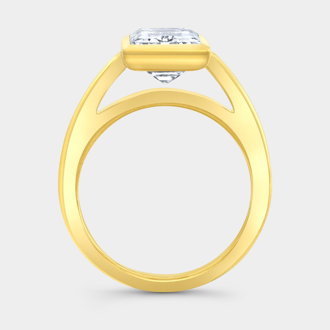 Emerald Diamond Mira Bezel Solitaire Cathedral Yellow Gold Engagement Ring