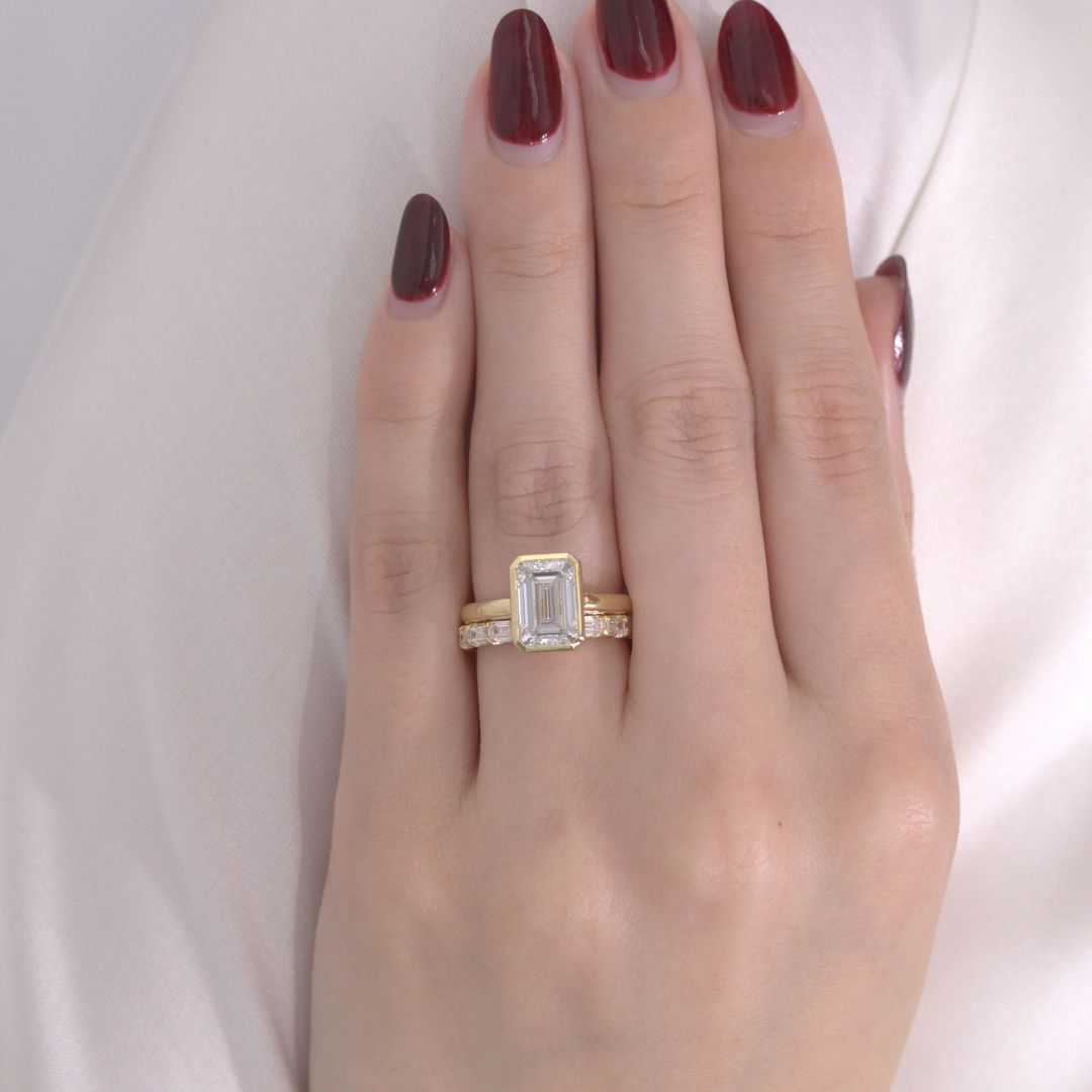 Emerald Diamond Mira Bezel Solitaire Cathedral Yellow Gold Engagement Ring