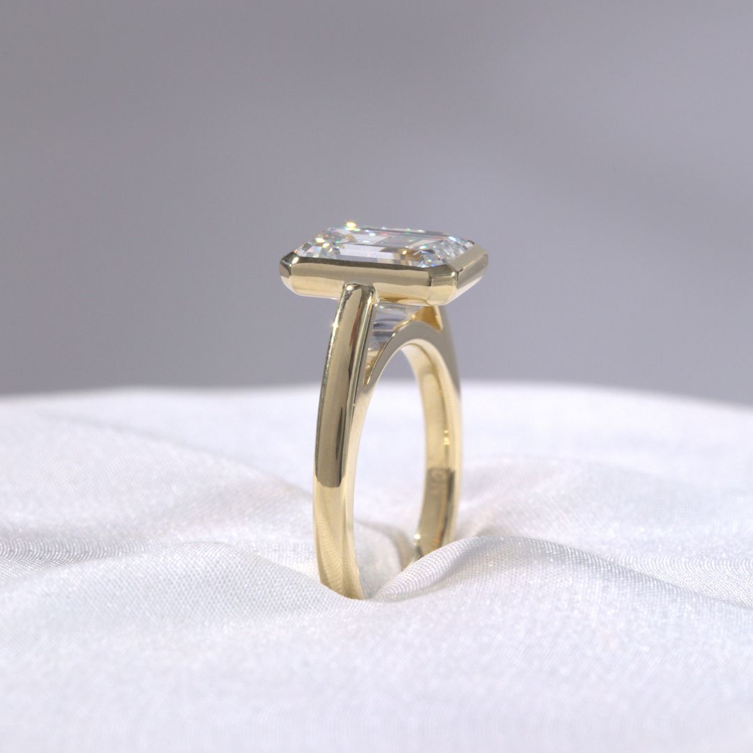 Emerald Diamond Mira Bezel Solitaire Cathedral Yellow Gold Engagement Ring