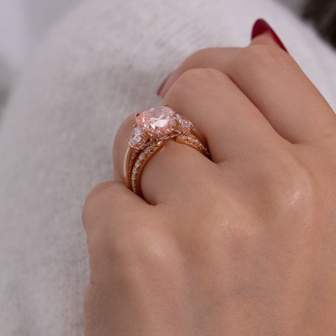 4ct Lab Grown Pink Cushion Cut Diamond 3 Stone Engagement Ring with Trillions