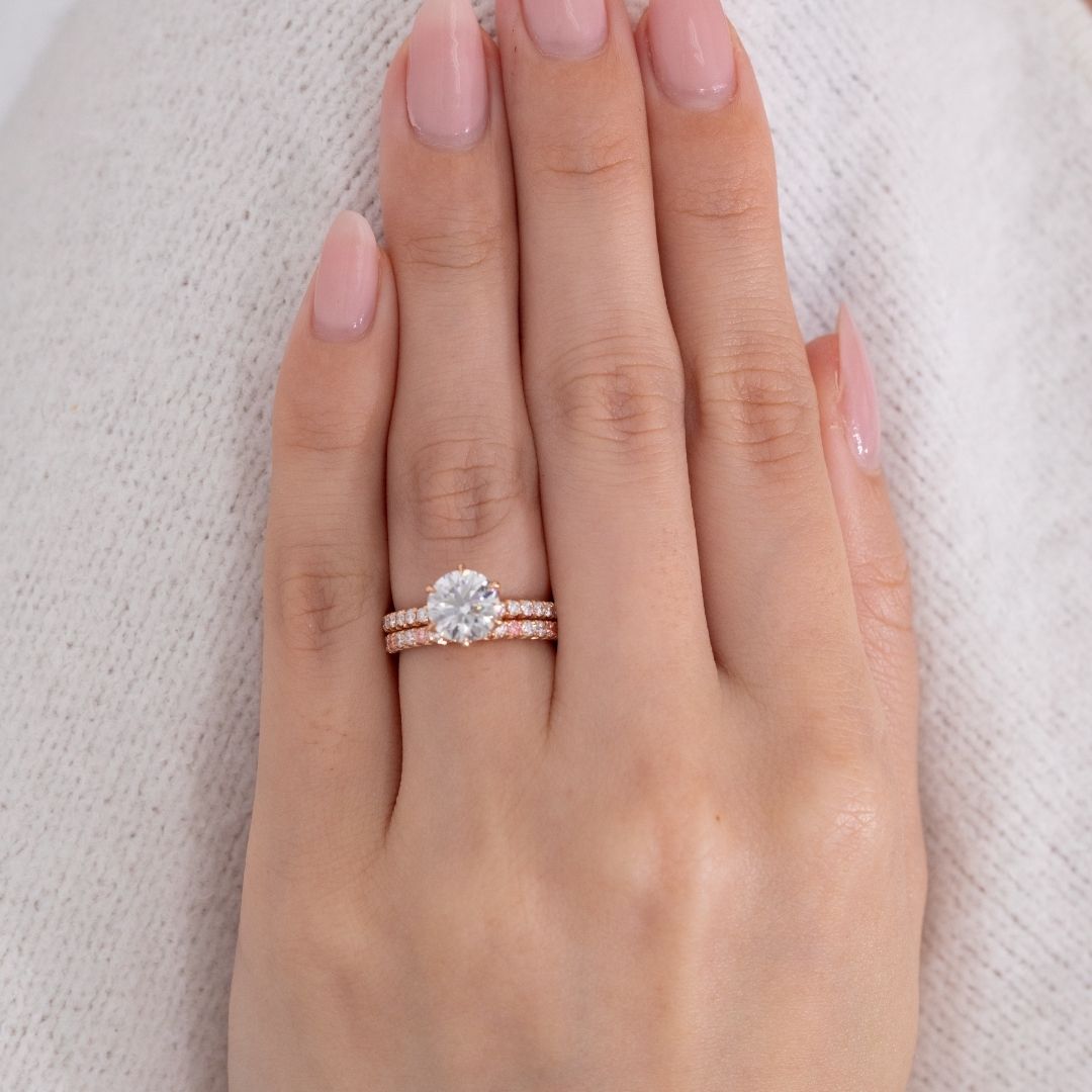 Round Diamond Tulip Basket 6 Prong Tapered Cathedral French Pave Rose Gold Engagement Ring