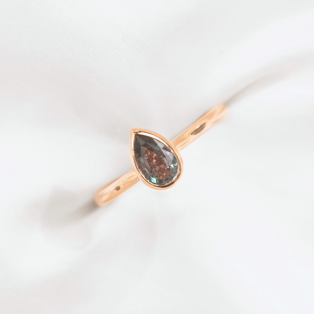 Pear Alexandrite Bezel Set Tulip Basket Tapered Cathedral Solitaire Rose Gold Engagement Ring