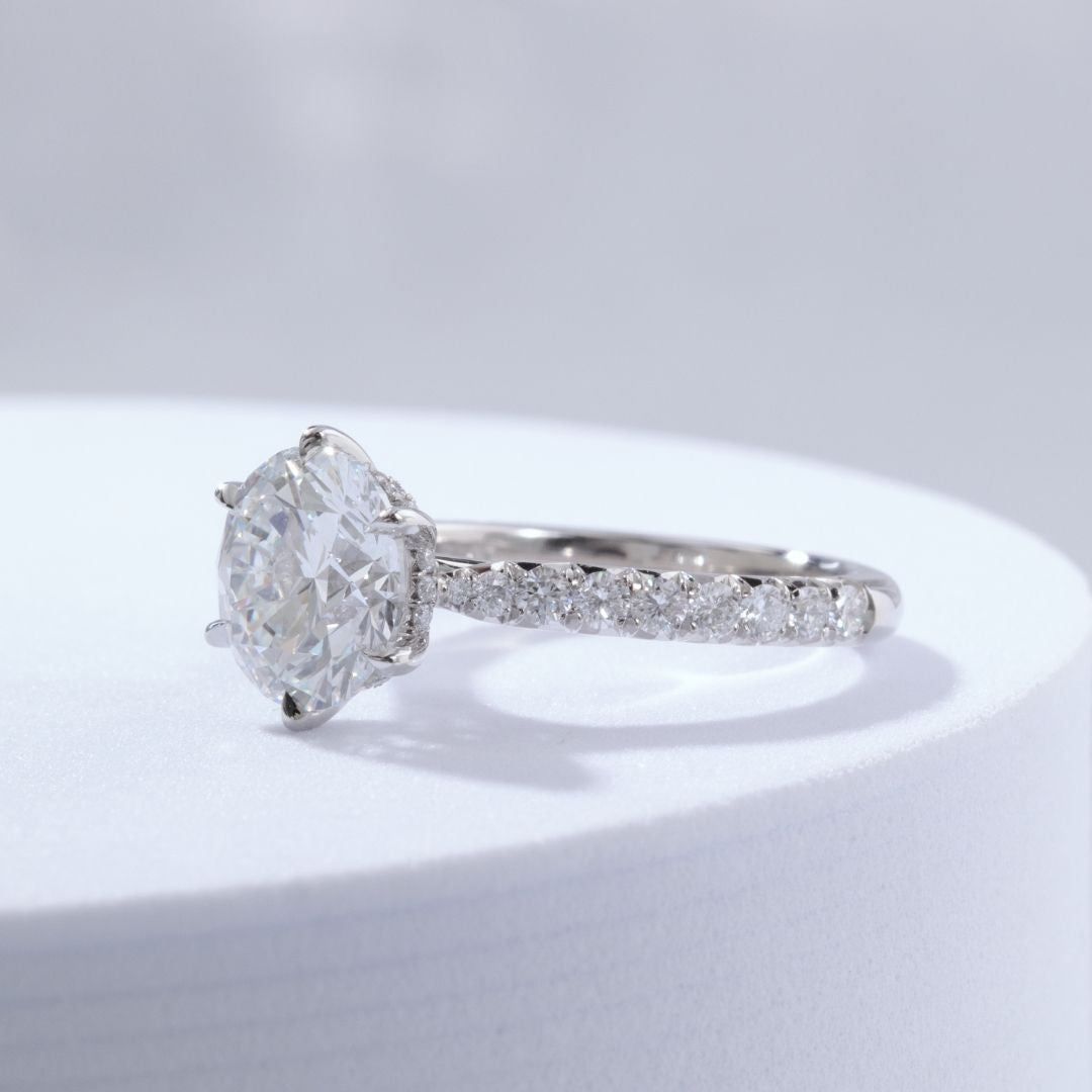 Round Diamond Hidden Halo Tapered Cathedral  6 Prong with French Pave Platinum Engagement Ring