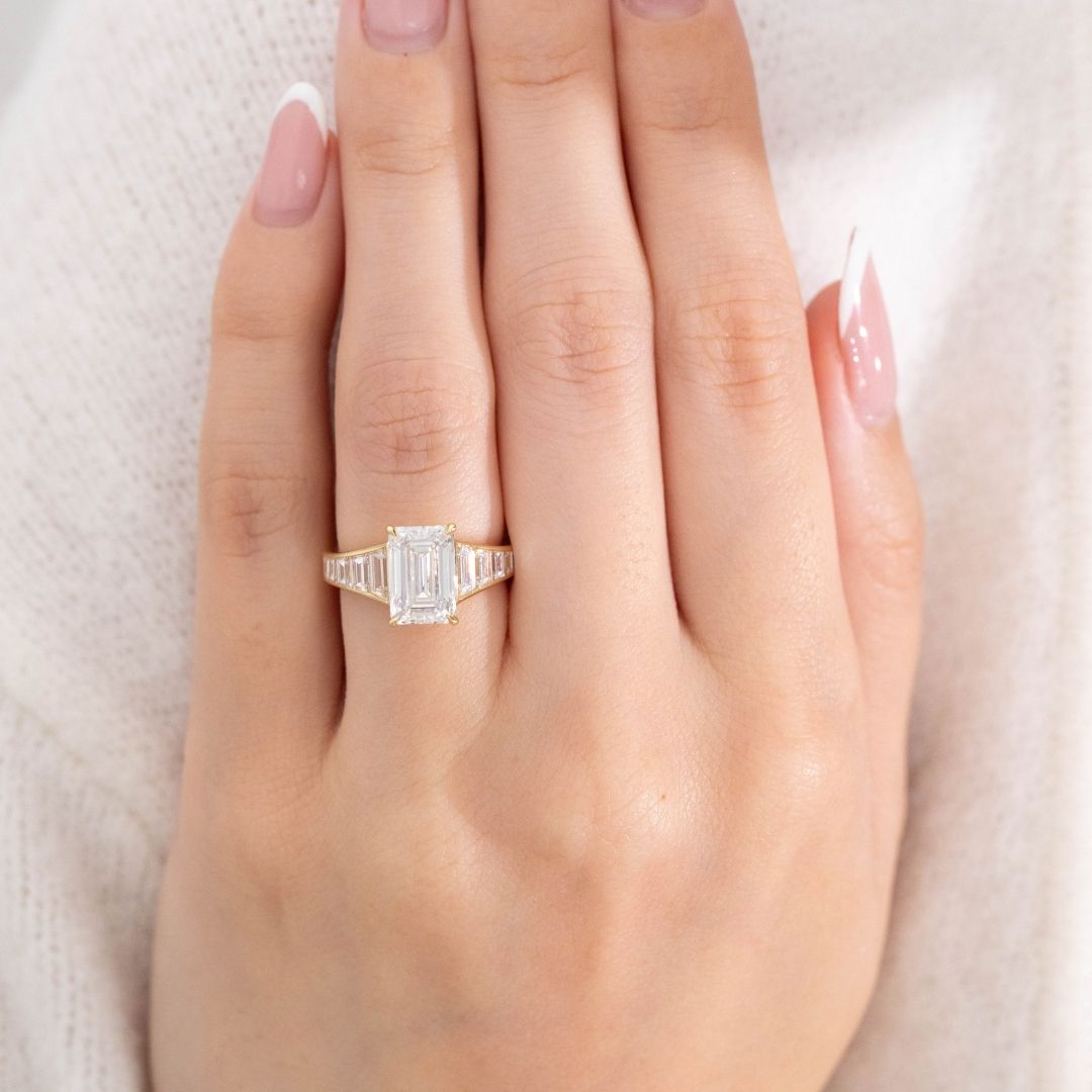 Emerald Diamond Channel Set Graduating Baguette Yellow Gold Ring