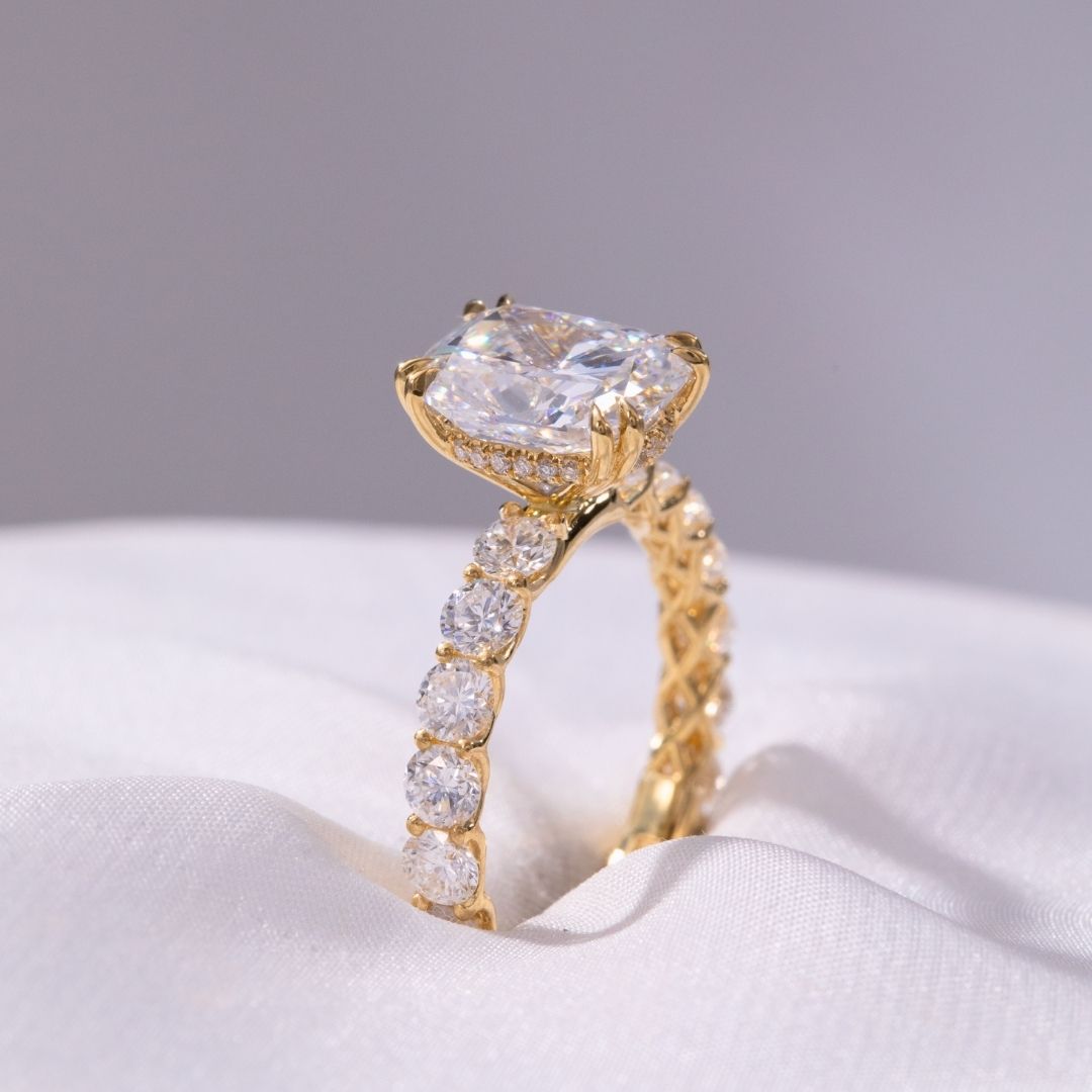 Cushion Diamond Double Prong Hidden Halo Eloise Trellis Yellow Gold Engagement Ring