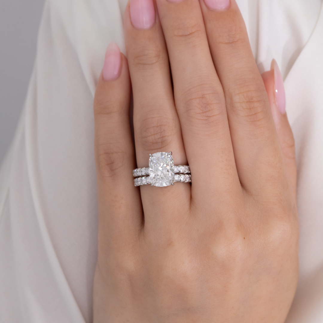 Cushion Diamond Double Hidden Halo French Pave Platinum Engagement Ring